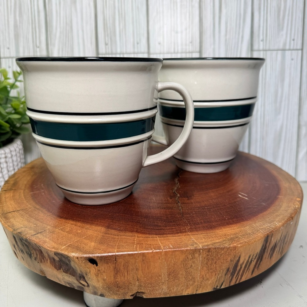 Country Crock Stoneware Mugs Set of 2 Cream Green Striped Farmhouse Coffee Cups